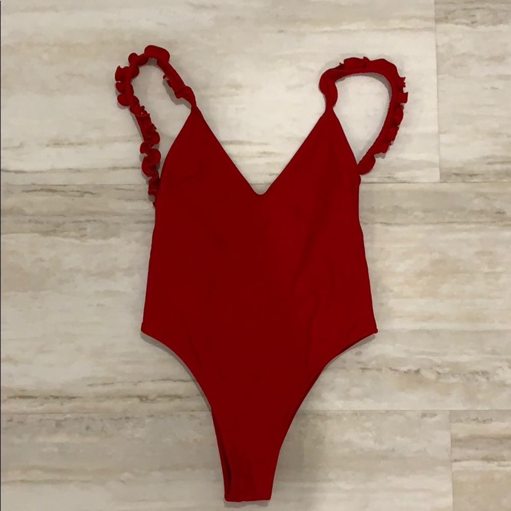 Red Ruffle Strap One-Piece Swimsuit - Women